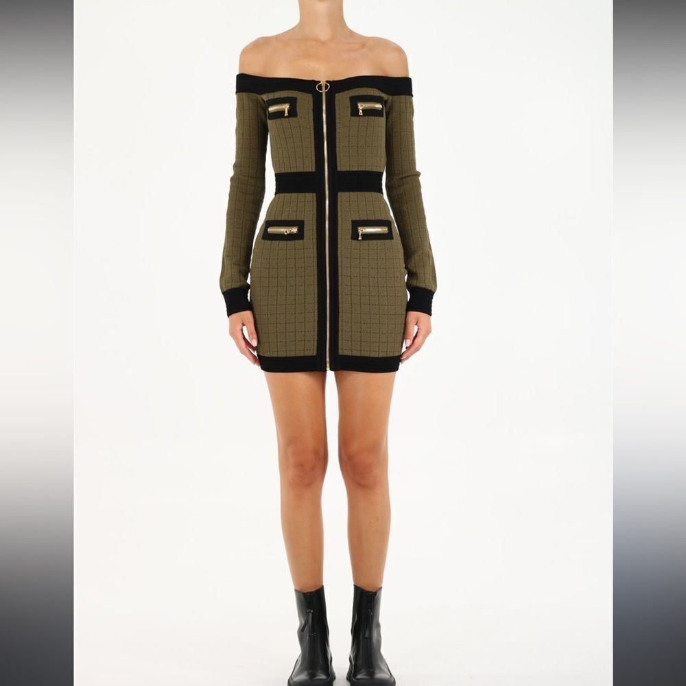 Balmain Off Shoulder Knit Dress Green